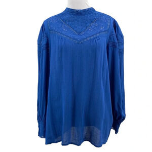 Good Hart Blouse Womens Size Medium Blue Long sleeve Lace Floral Cuffs Peasant